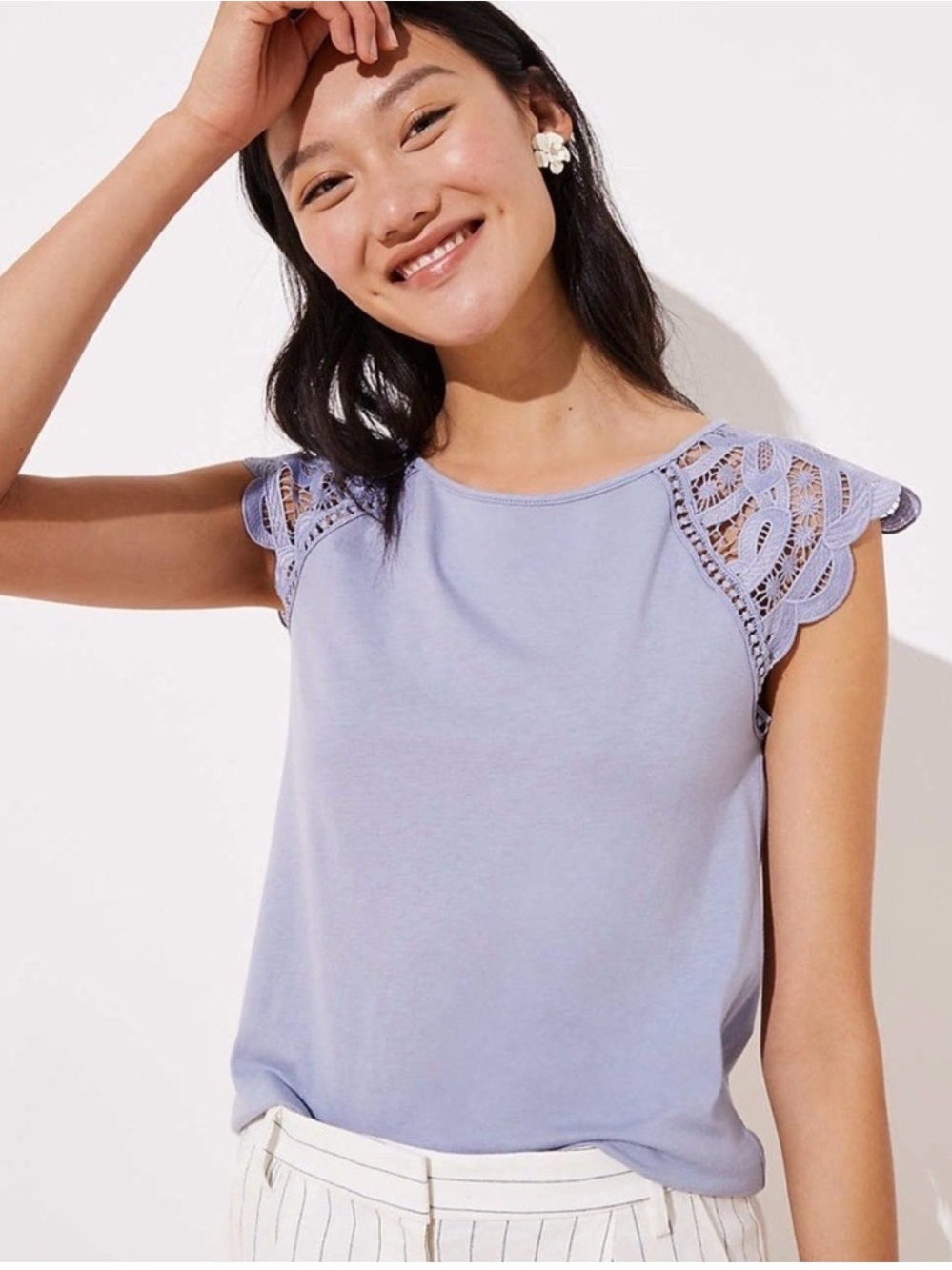 Ann Taylor LOFT Periwinkle Lace Flutter Sleeve Top